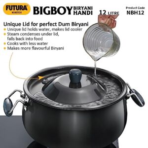 Hawkins Futura 12 Litre BigBoy Biryani Handi, Non Stick Pot with Glass Lid, Sauce Pan for Cooking and Serving Biriyani, Black (NBH12)