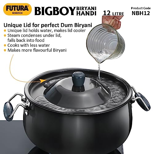 Hawkins Futura 12 Litre BigBoy Biryani Handi, Non Stick Pot with Glass Lid, Sauce Pan for Cooking and Serving Biriyani, Black (NBH12)