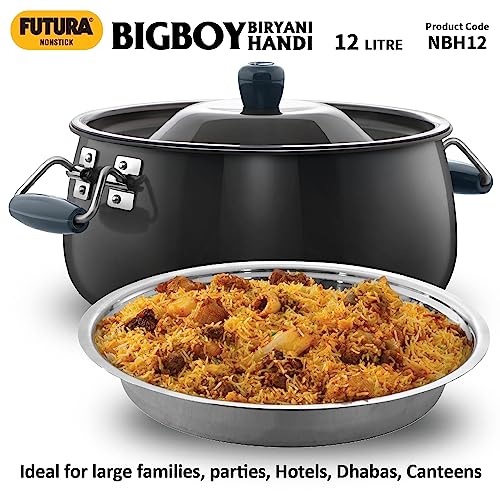 Hawkins Futura 12 Litre BigBoy Biryani Handi, Non Stick Pot with Glass Lid, Sauce Pan for Cooking and Serving Biriyani, Black (NBH12)