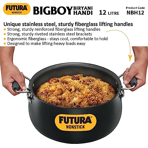 Hawkins Futura 12 Litre BigBoy Biryani Handi, Non Stick Pot with Glass Lid, Sauce Pan for Cooking and Serving Biriyani, Black (NBH12)