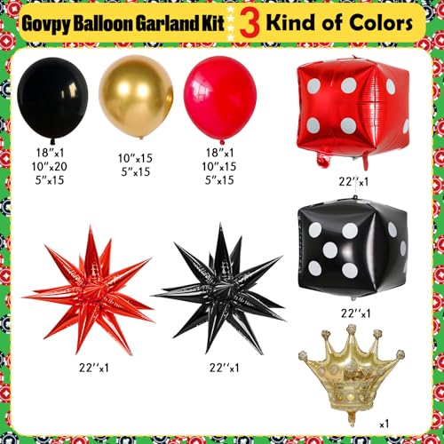 Casino Theme Balloon Arch Kit, 104 Pcs Red Black and Gold Metallic Latex Balloon Garland Kit with Dice Crown Explosion Star for Women Men Casino Night Las Vegas Birthday Graduation Party Decorations