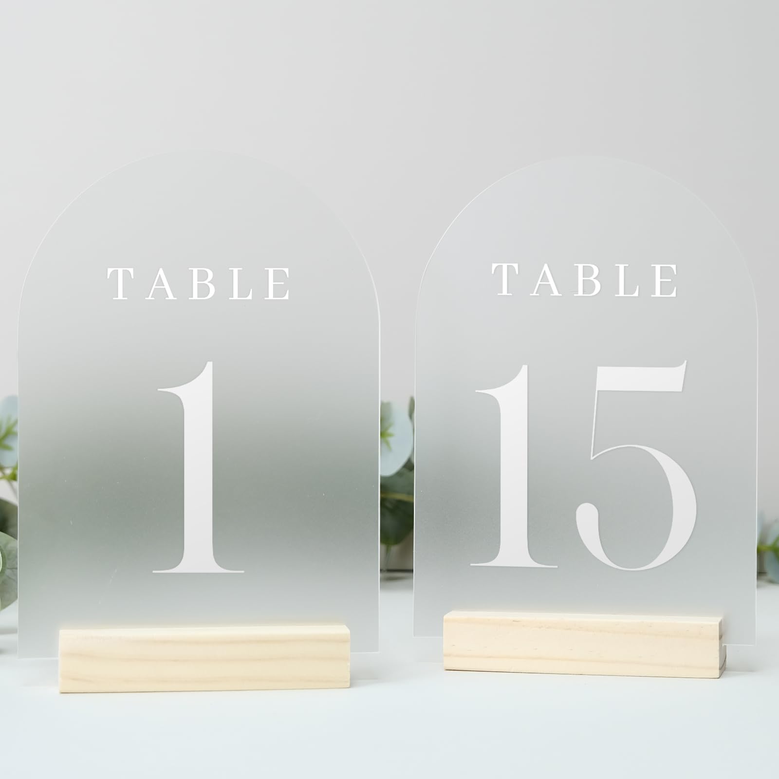 JINMURY Frosted Arch Wedding Table Numbers 1-15 with Wood Stands, 5x7" Frosted Acrylic Arch Signs and Wooden Base, Acrylic Table Numbers for Wedding (Frosted Table Numbers 1-15, 5"x7")