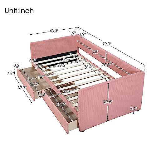 Merax Twin Size Corduroy Daybed with Two Drawers and Wood Slat,Sofa Bed Frame for Bedroom,Girls,Pink