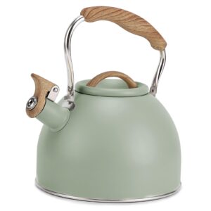 tea kettle, vegoran 100 oz / 3 liter whistling tea kettle, tea pots for stove top food grade stainless steel with wood pattern folding handle, loud whistle kettle for tea, coffee, milk (green)