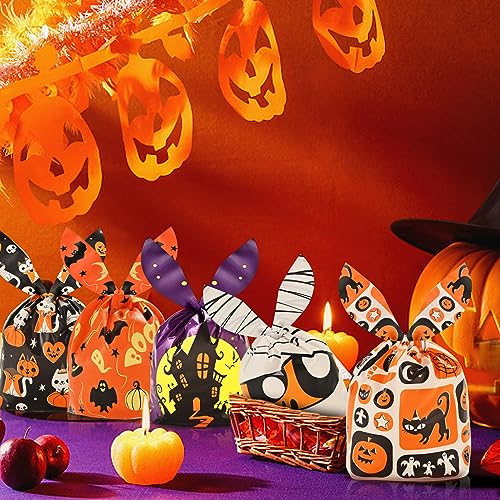 AhfuLife 120 PCS Halloween Treat Candy Bags, 6 Designs Halloween Goodie Bags for Trick or Treat, Small Cute Rabbit Ears Halloween Snack Bags for Halloween Party Supplies Favors