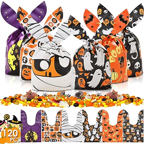 AhfuLife 120 PCS Halloween Treat Candy Bags, 6 Designs Halloween Goodie Bags for Trick or Treat, Small Cute Rabbit Ears Halloween Snack Bags for Halloween Party Supplies Favors