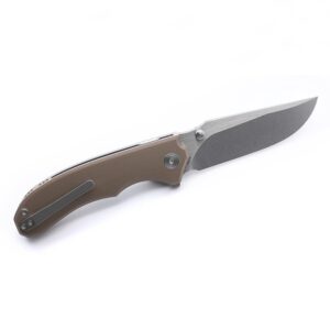 Miguron Knives M Centurion Flipper Folding Knife,3.5" 14C28N Stonewash Blade Tan G10 Handle With Titanium Pocket Clip,Camping Hiking Pocket Knife MGR-812TN