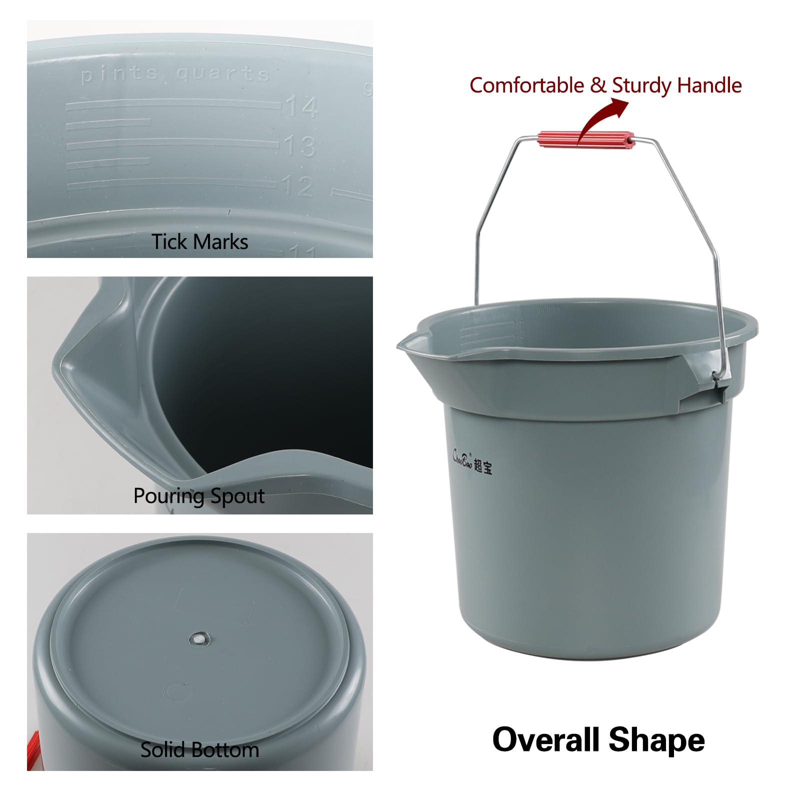 Jekiyo 4 Pack 14 Quart Commercial Cleaning Bucket with Handle, Gray, Plastic Round Utility Pail