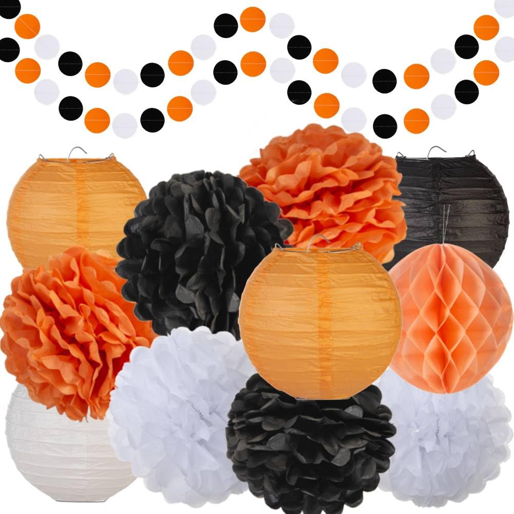 Black White Orange Halloween Party-Decorations, Tissue Pom Poms, Lanterns, Honeycomb Ball, Circle Dots Garlands, Graduation 2024 Birthday Wedding Baby Bridal Shower Decor Bunting Lasting Surprise