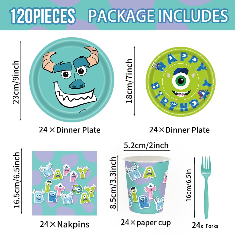 AURORAPARTY 120pcs Monster Birthday Party Supplies Inc Paper Plates Napkins Cups Forks Girl Boy Little Monster Birthday Party Table Decorations Disposable Cake Tableware Set for 24 Guests