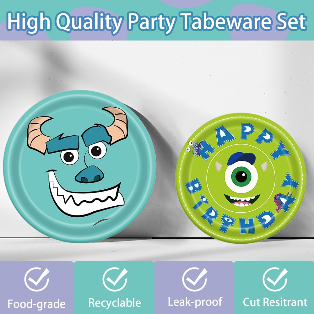 AURORAPARTY 120pcs Monster Birthday Party Supplies Inc Paper Plates Napkins Cups Forks Girl Boy Little Monster Birthday Party Table Decorations Disposable Cake Tableware Set for 24 Guests