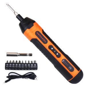 topxuan electric screwdriver kit,4v rechargeable cordless small orange drill, with led lights&usb charging battery,speed adjustable,electric&manual, includes usb cable&11pcs bits set,1 bit extender