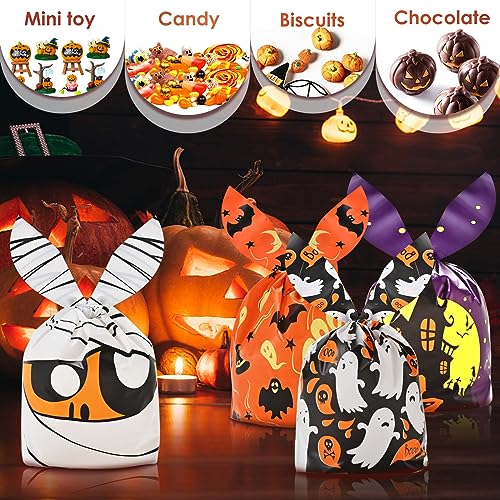 AhfuLife 120 PCS Halloween Treat Candy Bags, 6 Designs Halloween Goodie Bags for Trick or Treat, Small Cute Rabbit Ears Halloween Snack Bags for Halloween Party Supplies Favors