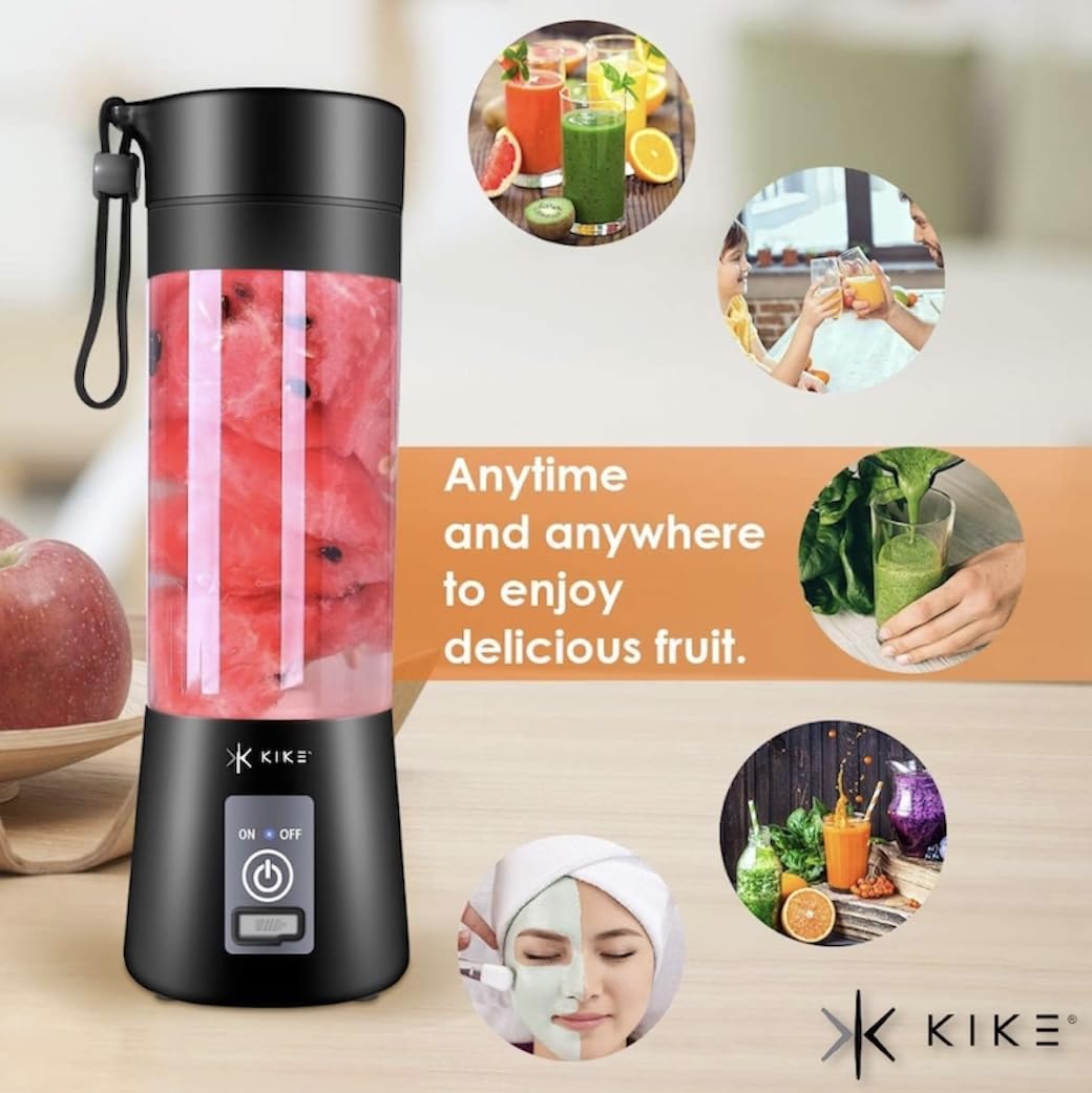 KIKE Portable Blender, Personal Blender for Shakes and Smoothies with 6 Blades and 16oz, USB Rechargeable, Travel Cup and Lid, Juices, Baby Food, Heavy Duty and Food Processor (BLACK)