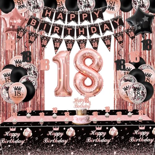 18th Black and Rose Gold Party Decorations - Happy Birthday Banner, Pennant, Birthday Balloons, Fringe Curtains, Tablecloth, Cake Topper, Hanging Swirls 18th Birthday Decorations for Girls Princess