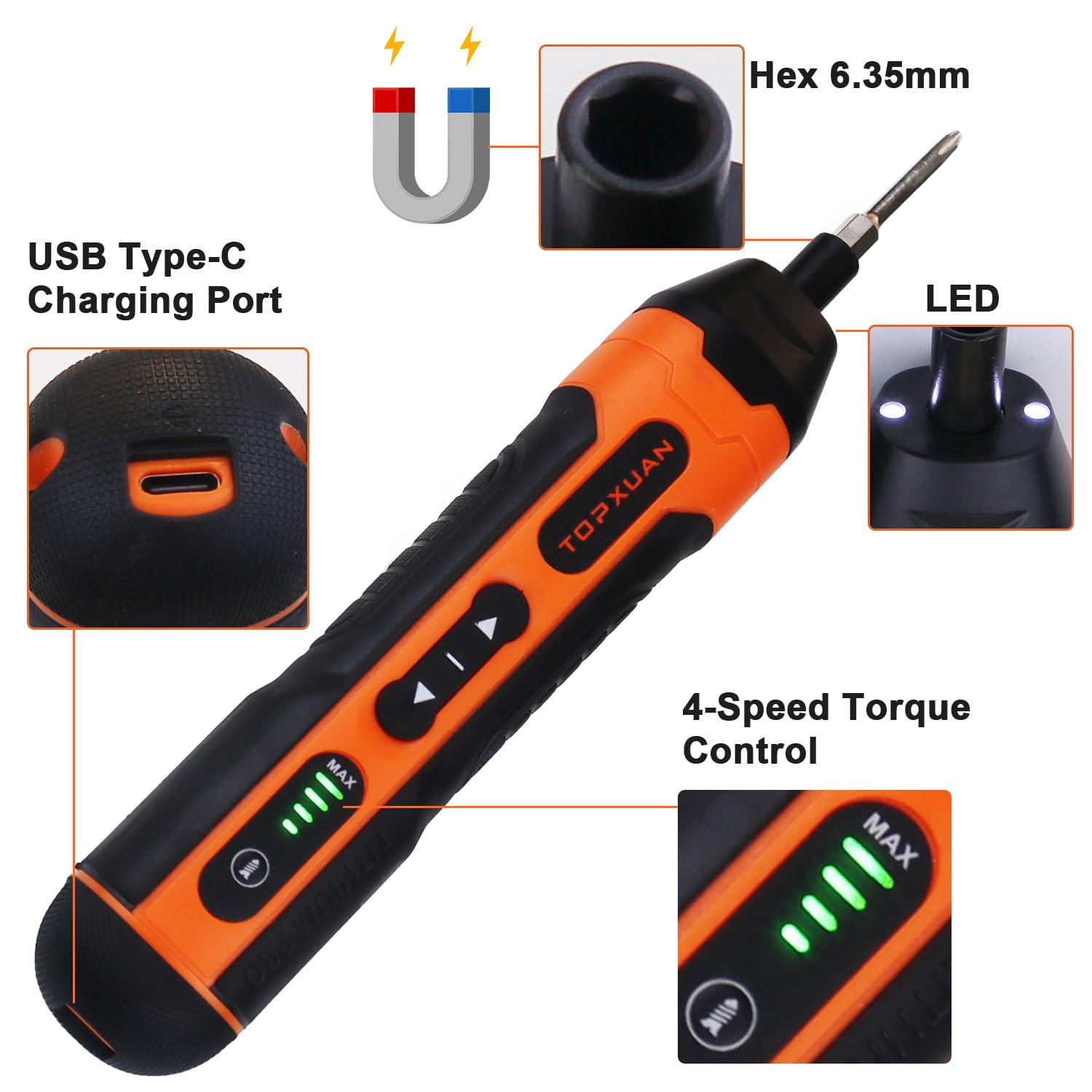 TOPXUAN Electric Screwdriver Kit,4V Rechargeable Cordless Small Orange Drill, with LED Lights&USB Charging Battery,Speed Adjustable,Electric&Manual, Includes USB Cable&11pcs Bits Set,1 Bit Extender