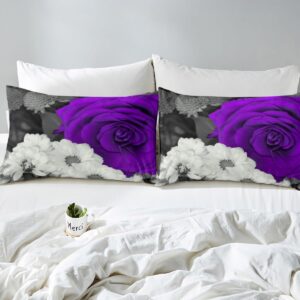 Rose Duvet Cover Queen Size, Purple Rose Floral Bedding Set, Romantic Flower Comforter Cover for Couple Lovers, Black Grey Blossom Quilt Cover, Garden Valentine Decor Bedspread Cover, 3Pcs