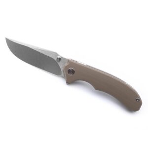 Miguron Knives M Centurion Flipper Folding Knife,3.5" 14C28N Stonewash Blade Tan G10 Handle With Titanium Pocket Clip,Camping Hiking Pocket Knife MGR-812TN