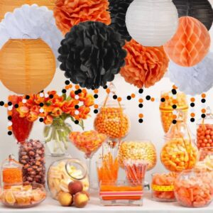 Black White Orange Halloween Party-Decorations, Tissue Pom Poms, Lanterns, Honeycomb Ball, Circle Dots Garlands, Graduation 2024 Birthday Wedding Baby Bridal Shower Decor Bunting Lasting Surprise