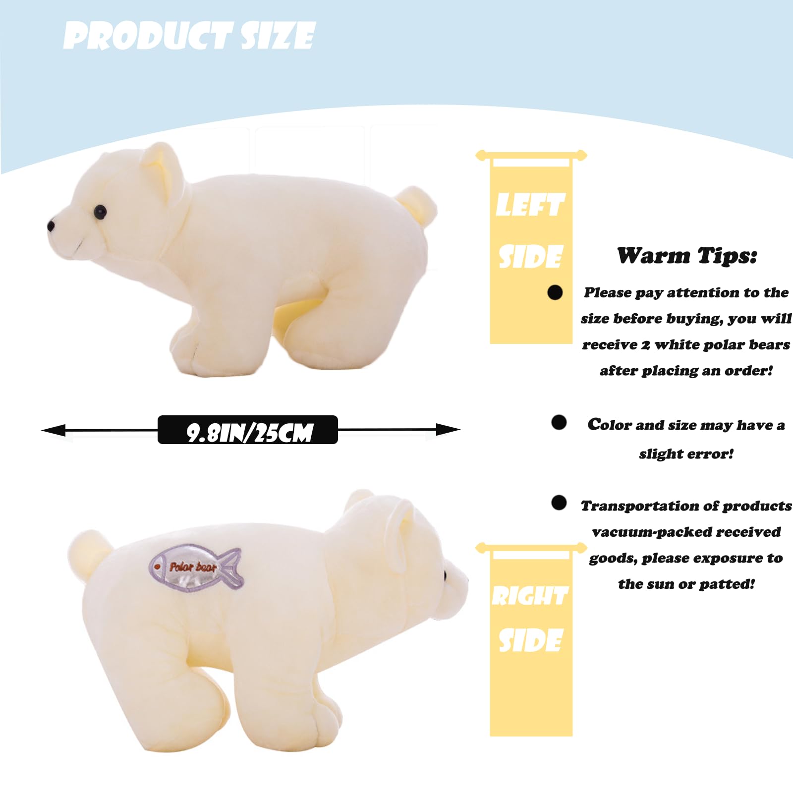 zxmbeddings 2Pcs 9.8'' Polar Bear Stuffed Animal Soft White Arctic Plush Pillow Toy Gifts for Kids