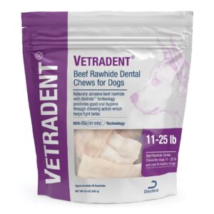 vetradent beef rawhide dental chews for dogs, medium, 30 ct