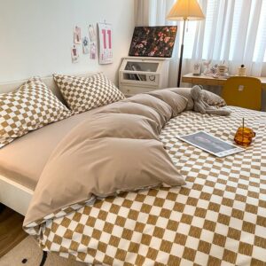 BEUFLO DREMS Checkered Duvet Cover Twin,100% Cotton Soft Duvet Cover Sets 4 PCS Plaid Bedding Comforter Cover Set with Zipper,Brown Bedding Set,1 Duvet Cover +1 Flat Sheet + 2 Pillow Cases