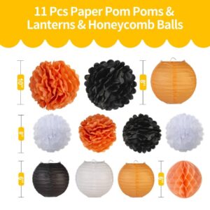 Black White Orange Halloween Party-Decorations, Tissue Pom Poms, Lanterns, Honeycomb Ball, Circle Dots Garlands, Graduation 2024 Birthday Wedding Baby Bridal Shower Decor Bunting Lasting Surprise