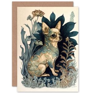 artery8 chihuahua dog with floral pattern fur coat modern portrait in flower field illustration art birthday sealed greeting card plus envelope blank inside