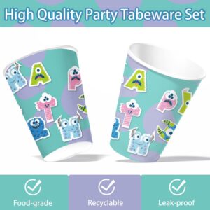 AURORAPARTY 120pcs Monster Birthday Party Supplies Inc Paper Plates Napkins Cups Forks Girl Boy Little Monster Birthday Party Table Decorations Disposable Cake Tableware Set for 24 Guests