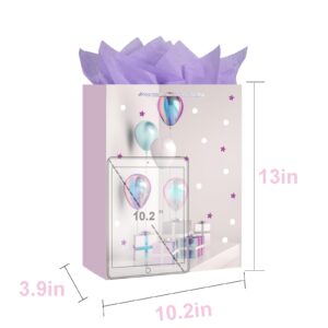 LUCKY AID 12.6” Birthday Gift Bag with Handle and Tissue Paper, Gift Bag for Boys, Girls, Women and Men’s Birthday Party, Baby Shower, Christmas Party Supplies(Purple)