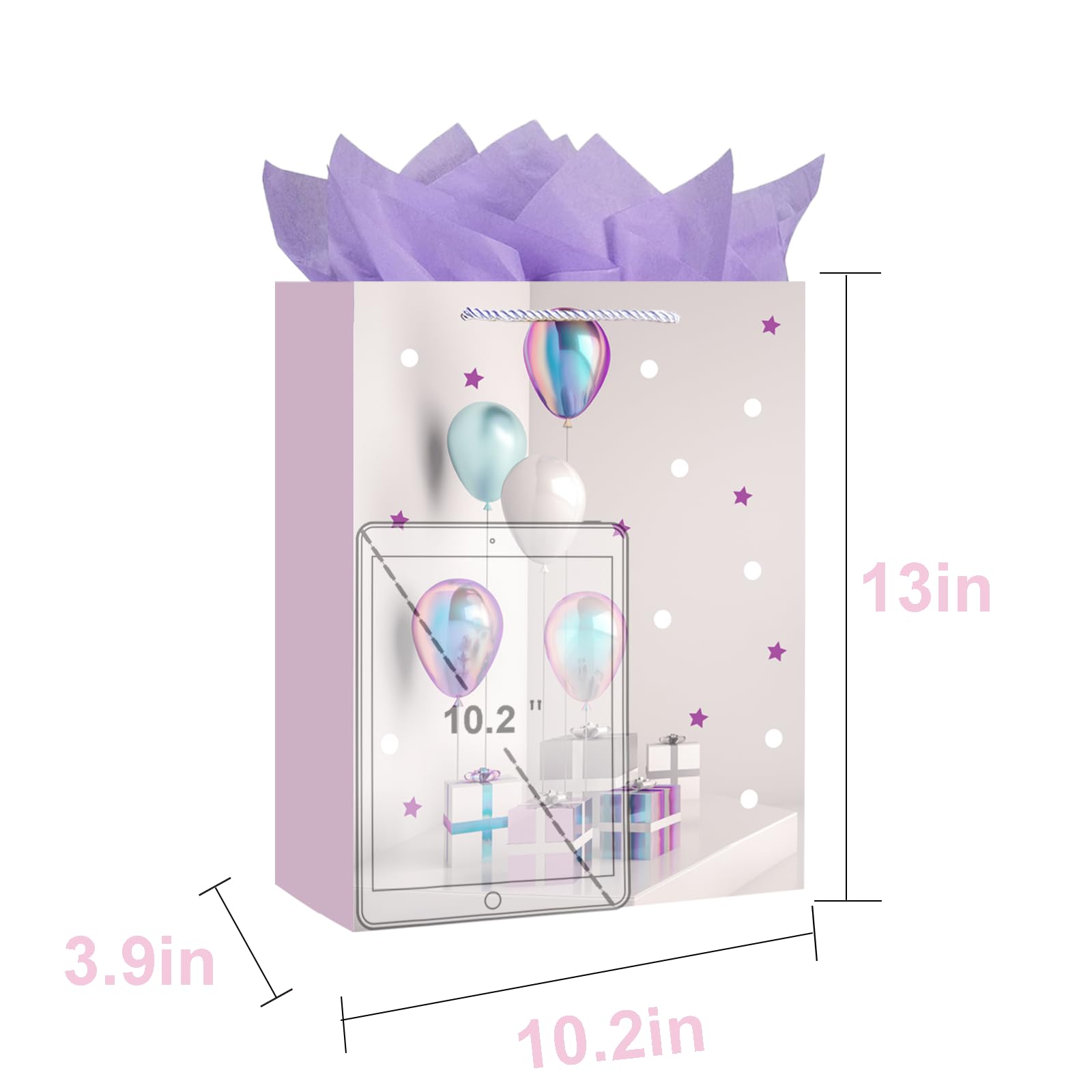 LUCKY AID 12.6” Birthday Gift Bag with Handle and Tissue Paper, Gift Bag for Boys, Girls, Women and Men’s Birthday Party, Baby Shower, Christmas Party Supplies(Purple)