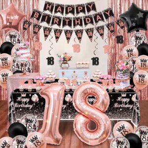 18th Black and Rose Gold Party Decorations - Happy Birthday Banner, Pennant, Birthday Balloons, Fringe Curtains, Tablecloth, Cake Topper, Hanging Swirls 18th Birthday Decorations for Girls Princess