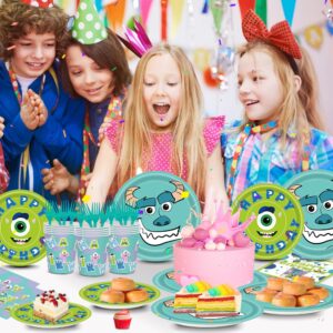 AURORAPARTY 120pcs Monster Birthday Party Supplies Inc Paper Plates Napkins Cups Forks Girl Boy Little Monster Birthday Party Table Decorations Disposable Cake Tableware Set for 24 Guests