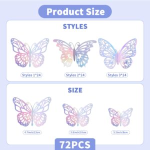 72PCS 3D Laser Silver Butterfly Wall Decor, 3 Styles 3 Sizes, Metallic Butterfly Wall Stickers Room Mural, Removable Butterfly Decorations for Room, Party, Birthday, Wedding, Cakes, DIY Gift