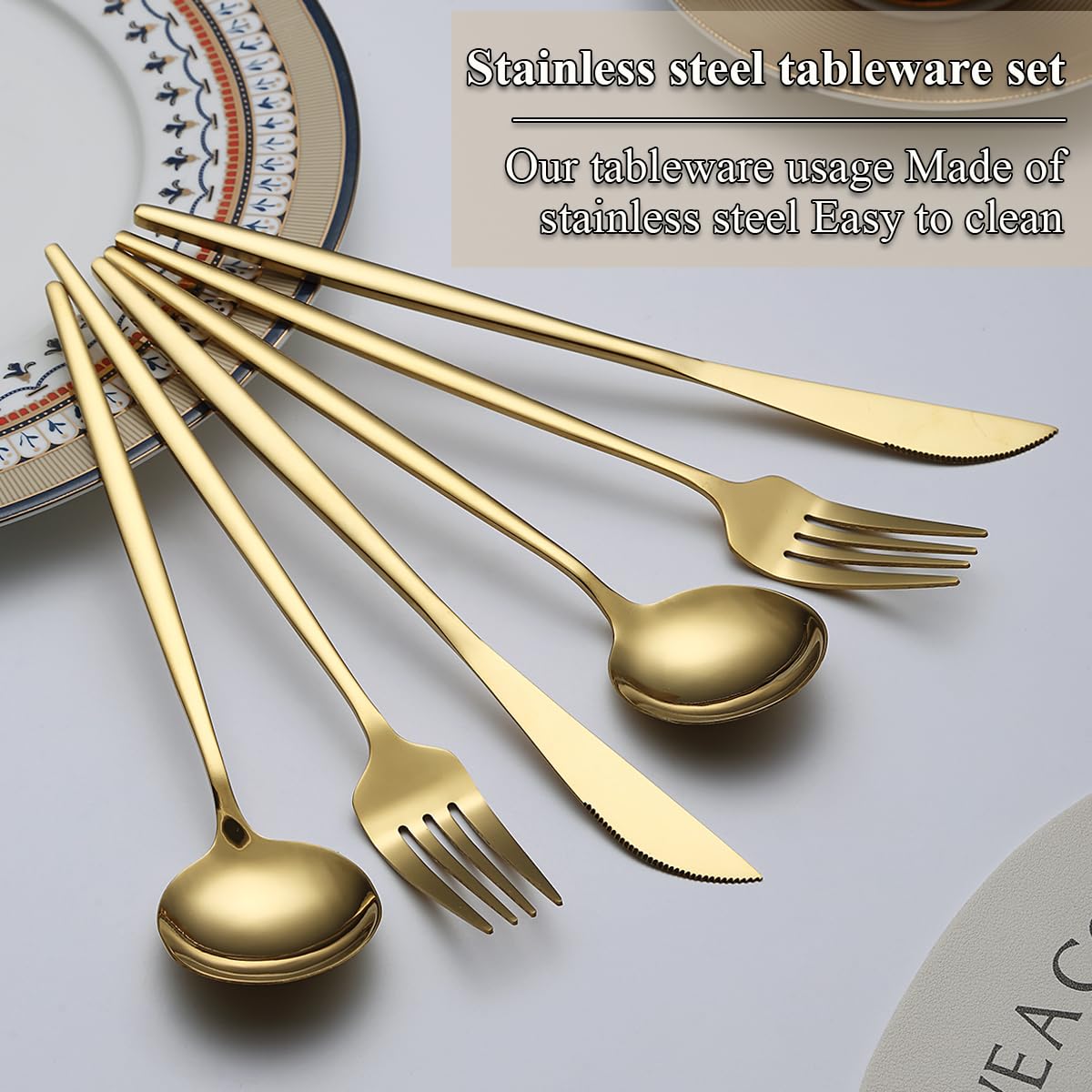 Evanda Gold Silverware Set 60 Piece Service for 20, Titanium Gold Plated Stainless Steel Flatware Set, Knives Forks Spoons Cutlery Set for Wedding, Parties, Birthday, Restauroom, Dishwasher Safe