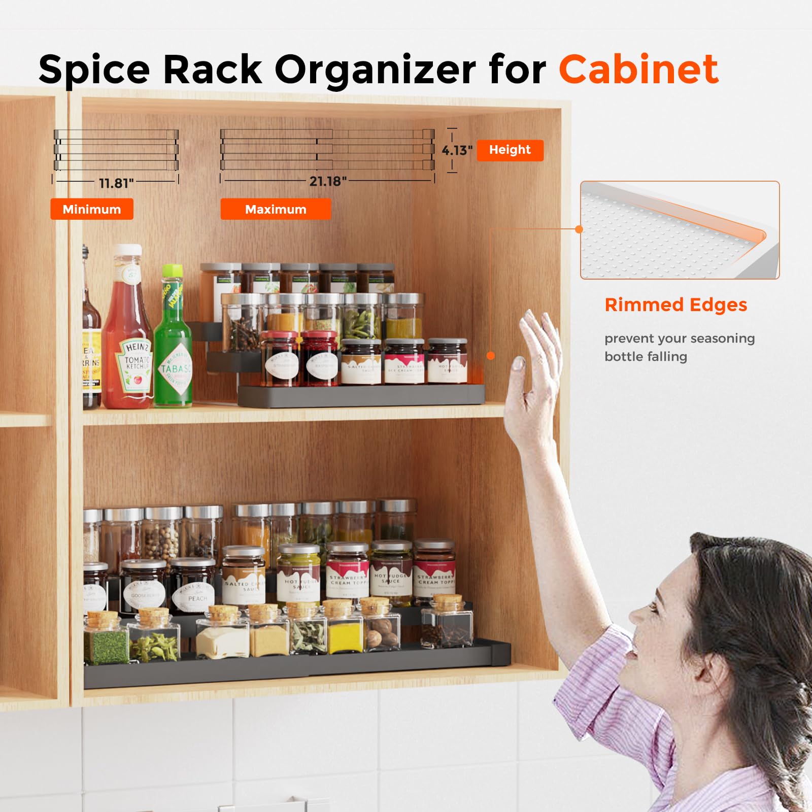 INVOCOO Expandable Spice Rack Organizer for Cabinet - 3 Tier Adjustable Cabinet Spice Organizer Easy Visibility - Spice Organizer for Cabinet Countertop Cupboard Pantry Organization (Black)