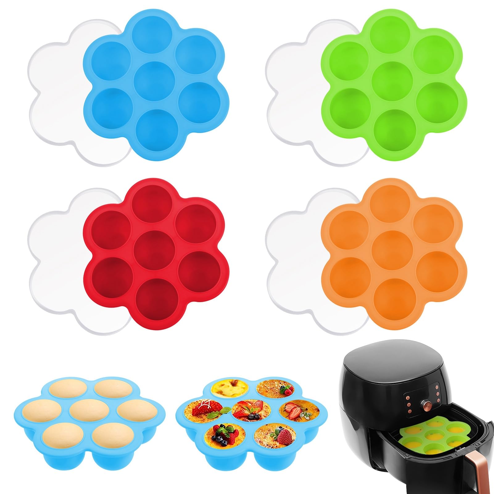 DragonflyDreams 4 Pack Silicone Egg Bites Molds, Air Fryer Egg Mold, Reusable Egg Bites Pan with Lid-Alternative to Sous Vide Egg Bite Maker for 5,6,8qt Pressure-Cooker-Accessories