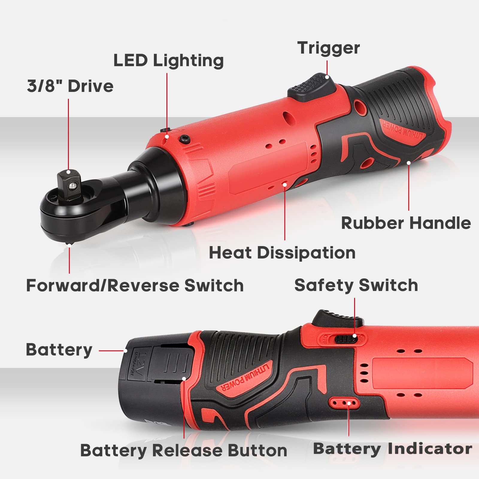 FAHKNS 3/8 Cordless Electric Ratchet Wrench Wrenches Set 45 N.m 400RPM Power 12V 1300mAh, 2 Sockets (10mm 12mm) And Charger Trigger Angle Tool (6 Sets)