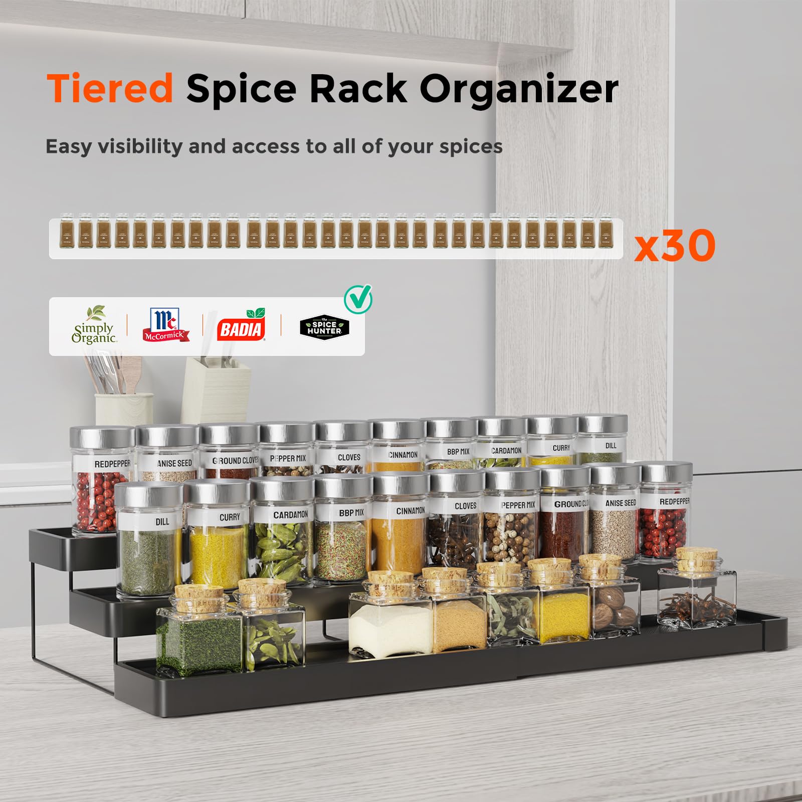 INVOCOO Expandable Spice Rack Organizer for Cabinet - 3 Tier Adjustable Cabinet Spice Organizer Easy Visibility - Spice Organizer for Cabinet Countertop Cupboard Pantry Organization (Black)