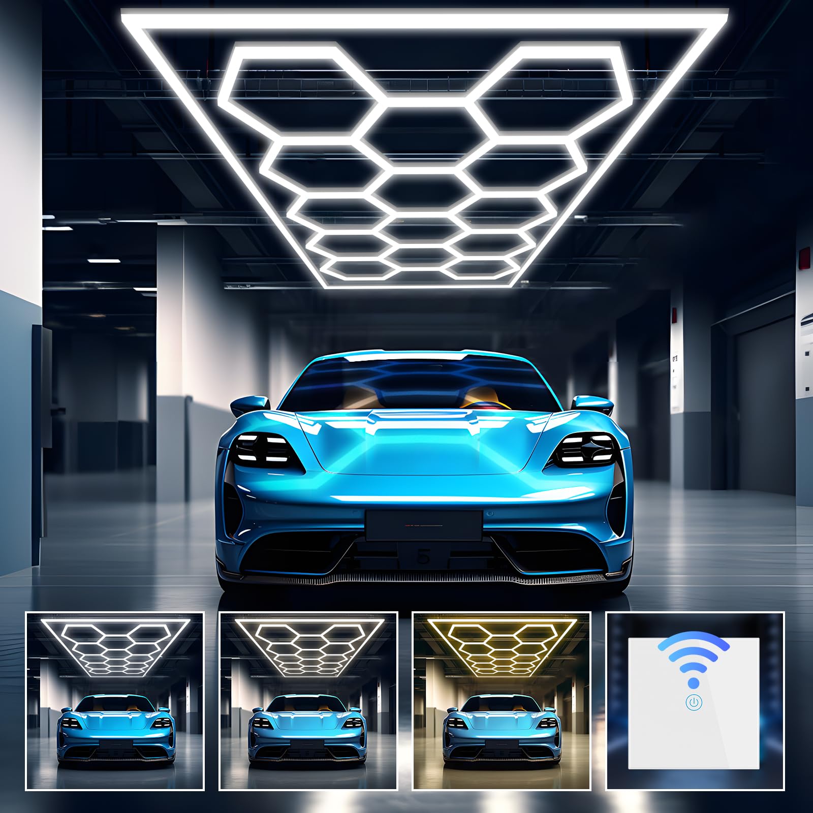 ALLYES Hexagon Ceiling LED Light - Hexagon Garage Light 552W 66240LM High Brightness, 3000K/4500K/6500K Adjustable with WiFi Smart Switch, Aluminum Hex Grids Lights for Car Dealer, Shop, Gym