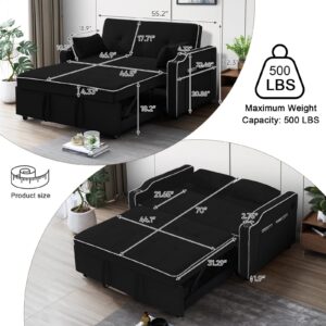 Velvet Pull Out Sleeper Sofa Bed with USB Ports, Convertible Futon Couch with Cup Holders and Pockets, 3 in 1 Modern Loveseat with Adjustable Backrest, Small Love Seat for Living Room, Office, Black