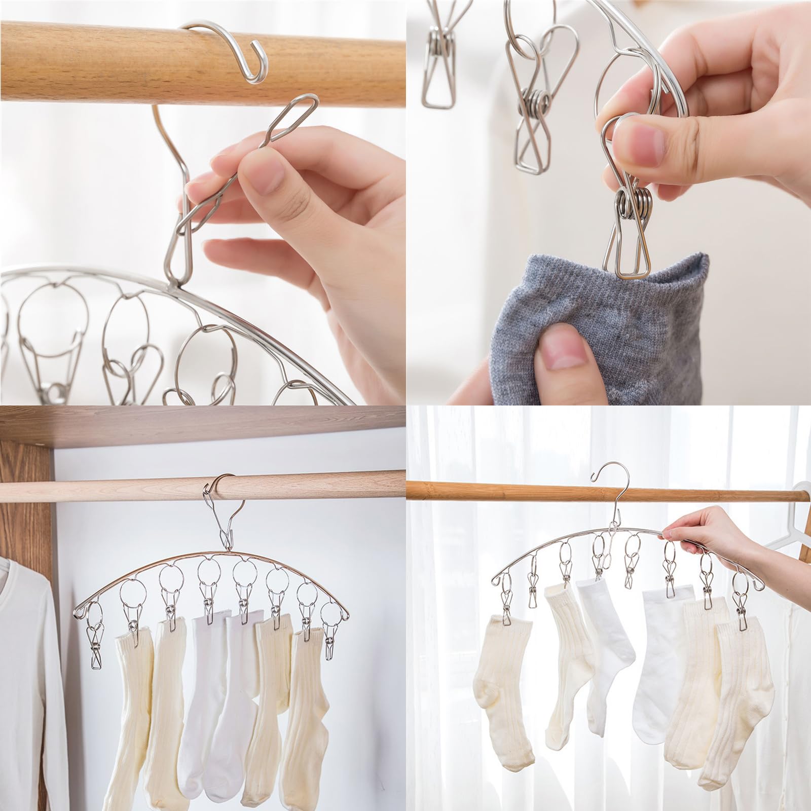 WudTus 2Pcs Clothes Drying Hanger with 16 Clips, Stainless Steel Sock Air Drying Rack, Windproof Anti-Lost for All Small Laudry Item and Herbs