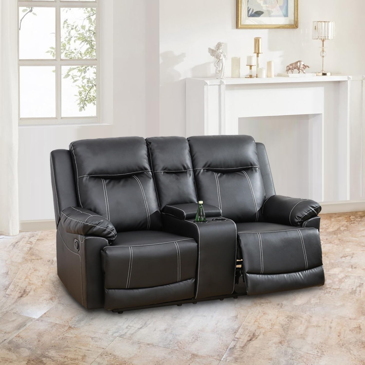 Ocstta Leather Recliner Sofa, Leather Living Room Furniture Set with Storage Console & Cup Holder for Living Room/Office (Recliner Couch for Loveseat) Black