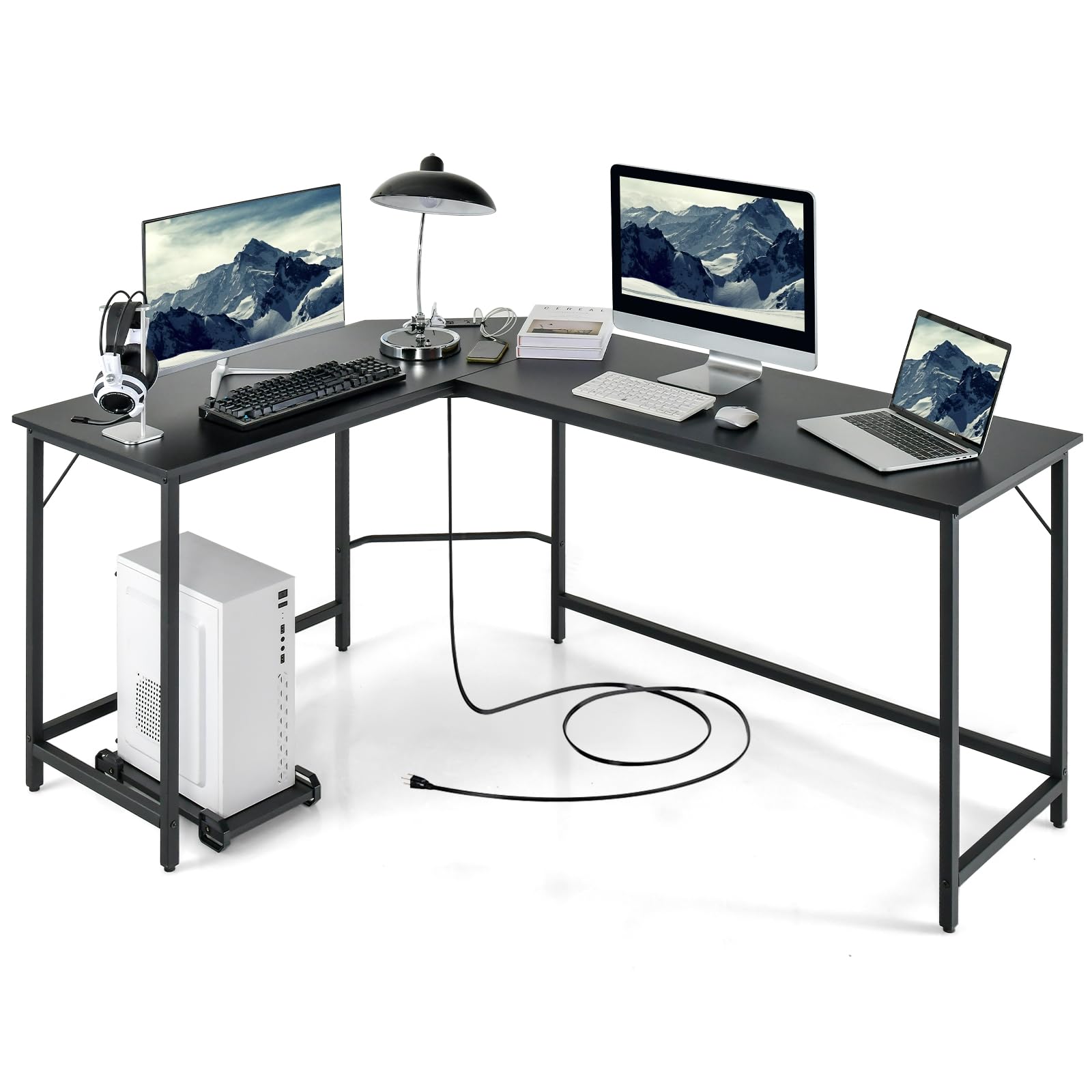 COSTWAY L-Shaped Desk with CPU Stand, 66 Inch Wooden Top Space-Saving Corner Desk w/Metal Frame, Large Computer Gaming PC Desk, Writing Table Study Desk for Bedroom, Study, Office (Black)