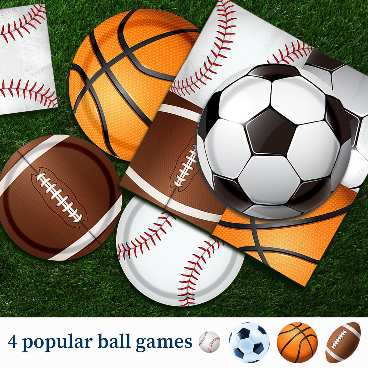 Sports Birthday Party Decorations-142Pcs Sports Theme Plates and Napkins Kit All Star Basketball Football Baseball Soccer Tableware Serves 20 Guests for Birthday Party