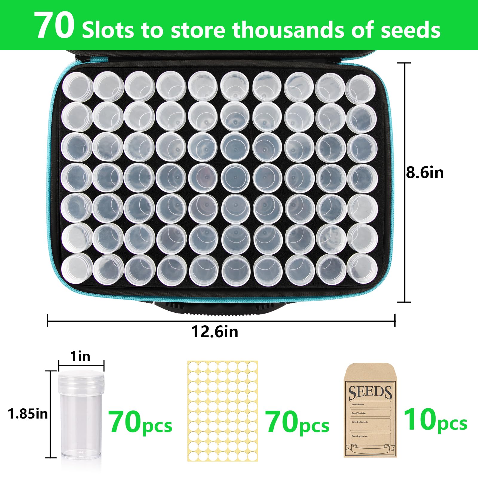 70 Slots Seed Organizer Storage Box with 10PCS Seed Envelopes, Premium Seed Containers for Various Sizes Vegetable and Flower Garden Seeds, Gardening Seed Keeper Set with Useful Accessories (Blue)