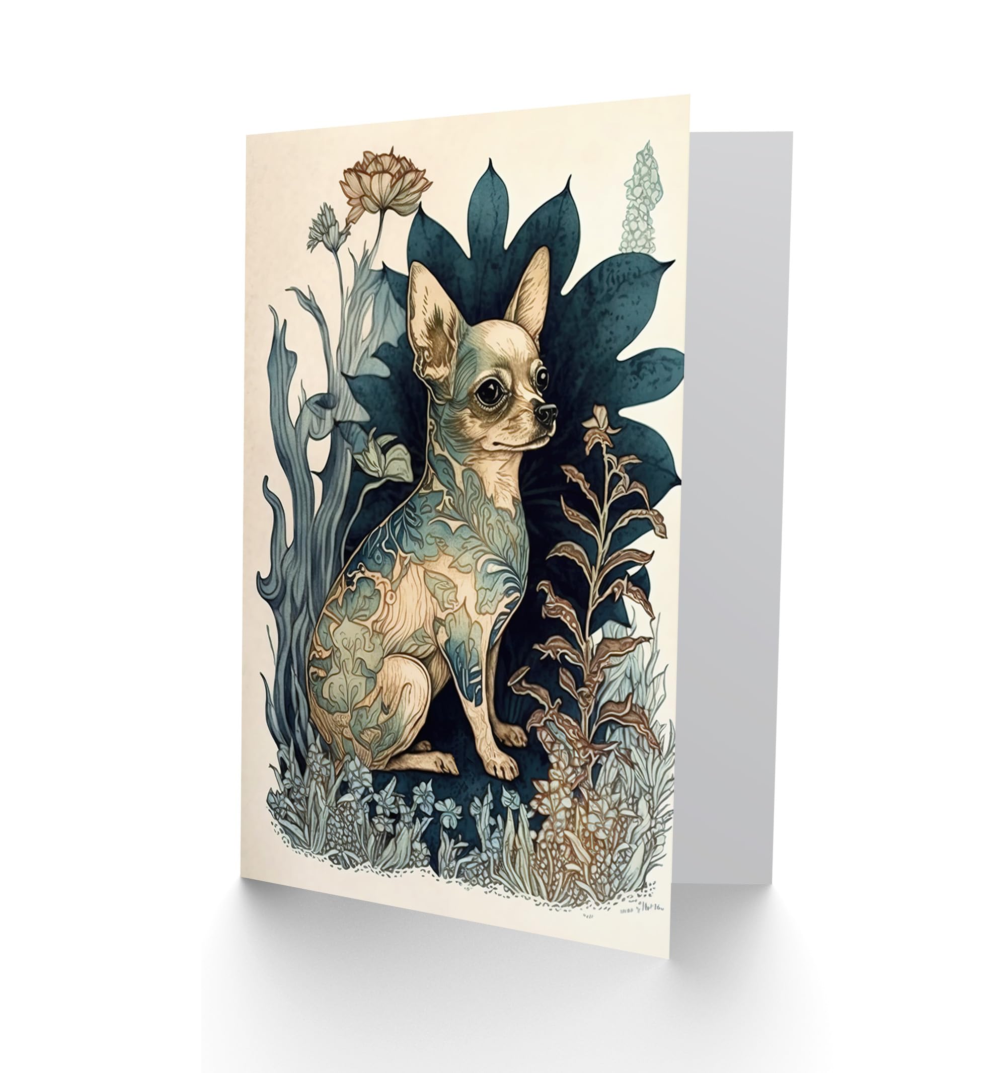 Artery8 Chihuahua Dog With Floral Pattern Fur Coat Modern Portrait in Flower Field Illustration Art Birthday Sealed Greeting Card Plus Envelope Blank inside