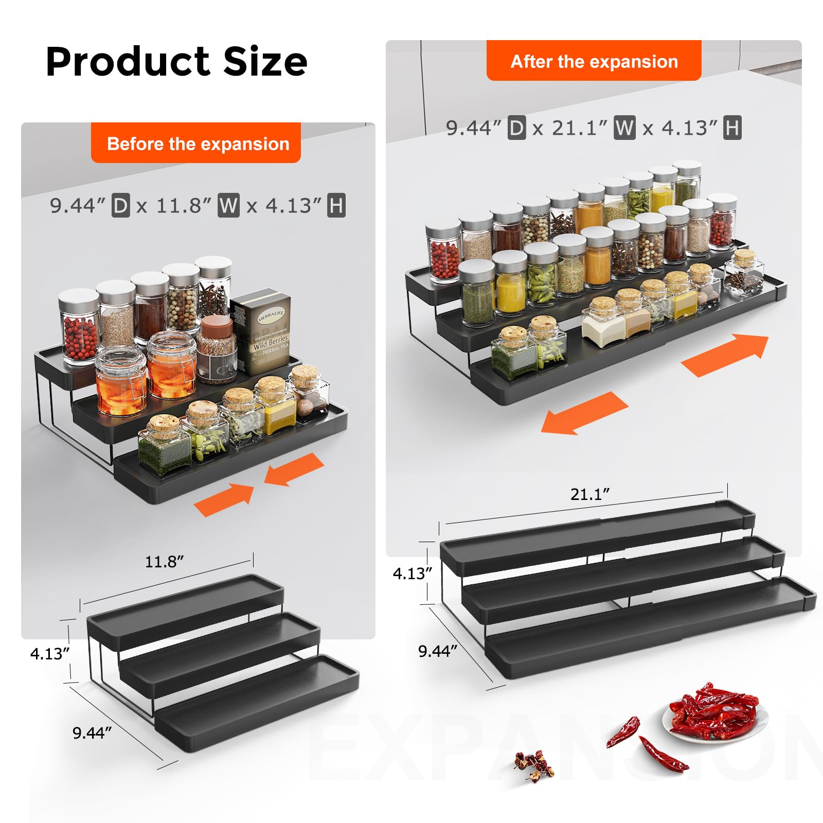 INVOCOO Expandable Spice Rack Organizer for Cabinet - 3 Tier Adjustable Cabinet Spice Organizer Easy Visibility - Spice Organizer for Cabinet Countertop Cupboard Pantry Organization (Black)