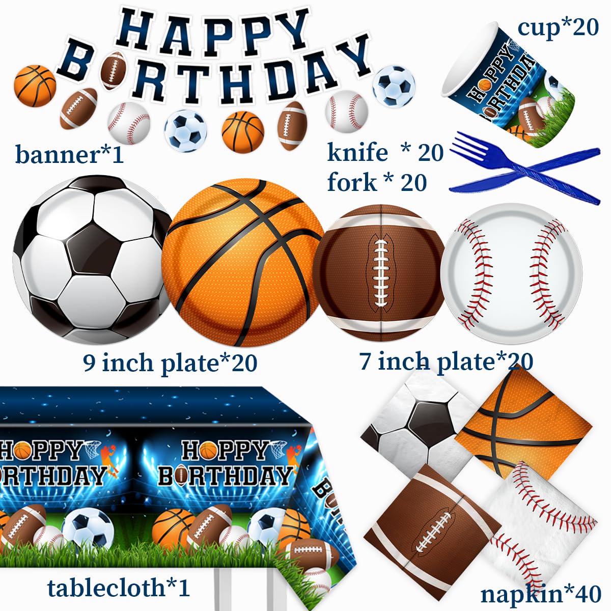 Sports Birthday Party Decorations-142Pcs Sports Theme Plates and Napkins Kit All Star Basketball Football Baseball Soccer Tableware Serves 20 Guests for Birthday Party