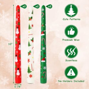 Tuitessine Christmas Taper Candles 6Pcs, 10" Long Taper Candlesticks Christmas Candle Decorations Unscented White Green Red Taper Candles for Christmas Holiday Party Gift Home Decor (No Holder)